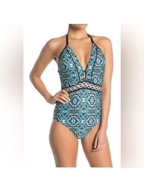 Laundry By Shelli Segal Women’s Patterned Plunge One-Piece Swimsuit Size: XL